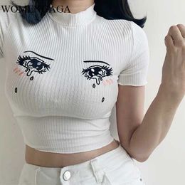 Close fitting cute crying eye face embroidery top women's short open navel thin sleeve fashion street white 0KZD 210603