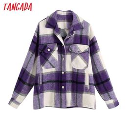autumn winter Women purple plaid Print chic jacket pocket long sleeve Outwear female casual Coat Tops BE798 210416