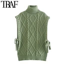 TRAF Women Fashion With Bow Tied Cable-knit Vest Sweater Vintage High Neck Sleeveless Female Waistcoat Chic Tops 210415