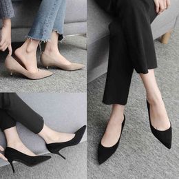 Office Lady Career Shoes Woman Pumps High Heels Small Heel Heeled Flock Pointed Toe Women Solid Slip Ons Sexy Party Pumps 210520