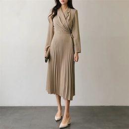 Korea pleated Dress for women winter Logn Sleeve notched Line Sexy Ladies Offfice Loose Blazer Long Maxi Dresses 210602