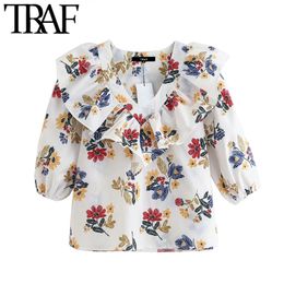 TRAF Women Sweet Fashion Floral Print Ruffled Blouses Vintage V Neck Three Quarter Sleeve Female Shirts Blusa Chic Tops 210415