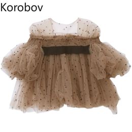 Korobov Korean Puff Sleeve Vintage Women Blouses Office Lady Sexy Mesh Polka Dot Female Shirts Summer Square Collar Blusas Mujer 210430