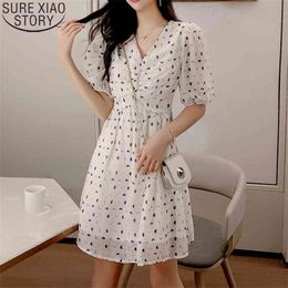 Casual Dresses Lantern Sleeve Summer Fashion Print Women Short Sweet Knee Length V-neck Robe 14087 210506