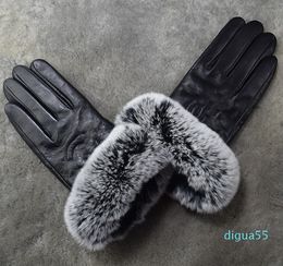 fashion winter leather gloves with plush touch screen Rex Rabbit Fur mouth Korean version cycling cold proof and warm sheepskin split finger