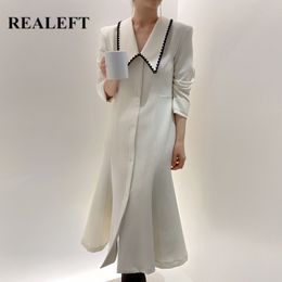 Colorblock Long Dresses Elegant High Waist Turn-down Collar Sleeve Chic Female Fishtail Party Dress Spring 210428