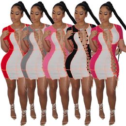 Bulk sexy mini dress Womens dresses short sleeve hollow out bodycon above knee one piece set party evening clubdress fashion summer backless women clothes klw6508