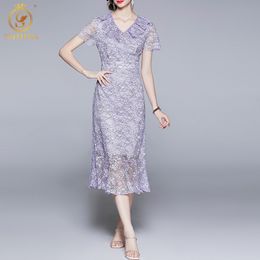 Arrival Summer Purple Temperament Lace Hollow Out Dress Women's Embroidered Ruffle Long Vestidos 210520