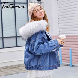 Tataria Women Winter Warm Hooded Denim Jackets Big Fur Collar Plus Velvet Casual Ladies Jacket for Coat Top 210514
