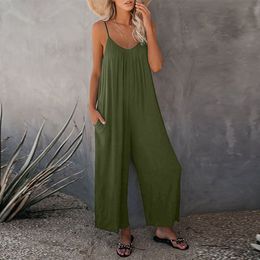 Women Straps Jumpsuits Summer Fashion V Neck Sleeveless Wide Leg Playsuits Solid Loose Rompers Ladies Casual Long Overalls 210412