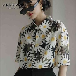 Daisy Top Summer Blouse Women Short Sleeve Button Up Loose Collared Shirts Casual Floral Fashion 210427