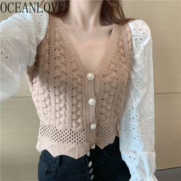 V Necl Short Women Sweaters Patchwork Hollow Out Slim Autumn Cardigans Knitted Korean Fashion Mujer Chaqueta 18475 210415