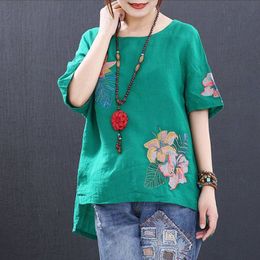 Plus Size Women Casual Cotton T-shirts New Summer Fashion Harajuku Vintage Floral Embroidery Female Loose Tops Tees P304 210412