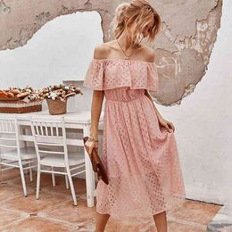 Elegant casual pink black lace dress Sexy off the shoulder women dress Hollow out evening party long dress summer autumn 210415