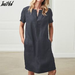 Spring Cotton Linen Dress Fashion Button O-Neck Knee Party Dress Summer Women Casual Short Sleeve Pocket Solid Dresses 210331