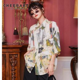 Summer Short Sleeve Shirt Women Tops And Blouses Button Up Loose Korean Fashion Print Blouse 210427