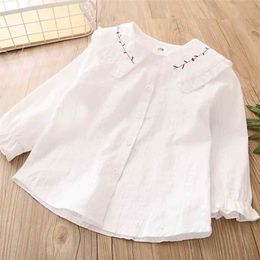 Spring Autumn 2 3 4 6 8 10 Years Kids Baby Long Trumpet Sleeve Doll Collar Embroidery Cotton White Blouse Shirts For Girls 210701