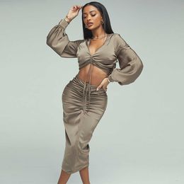 Ocstrade Two Piece Set Arrival Long Sleeve Sexy Bodycon Dress Summer Women OLIVE SATIN GATHERED 2 Outfits 210527
