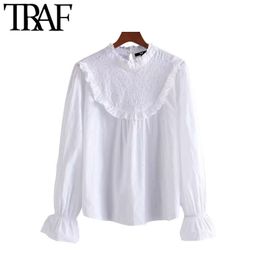 TRAF Women Sweet Fashion Hollow Out Embroidery Ruffled Blouses Vintage O Neck Long Sleeve Female Shirts Blusa Chic Tops 210415
