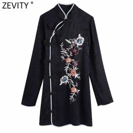 Zevity Women Chinese Style Cheongsam Flower Embroidery Jacquard Mini Dress Female Long Sleeve Buckles Casual Slim Vestido DS4800 210603