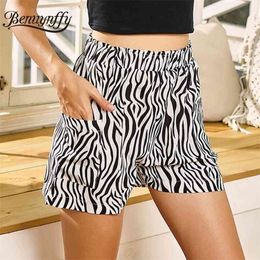 Zebra Striped Print Woman Shorts Summer Casual Office Ladies Pocket Elastic Waist for Women Clothing 210510