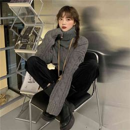 Lucyever Turtleneck Knit Twist Sweaters Womens Korean Style Short Pullovers Woman Dark Grey Long Sleeve Crop Top Female 210521