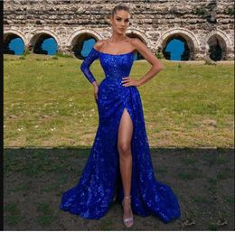 Sequined Blue Mermaid Prom Dresses Strapless Neck Side Split Evening Gowns One Shoulder Long Sleeve Sweep Train Formal Dress Second Reception Gown Custom Made