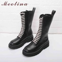 Meotina Motoecycle Boots Women Shoes Round Toe Platform Mid Heel Mid Calf Boots Zip Lace Up Chunky Heels Boots Ladies Black 43 210520