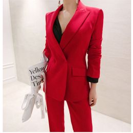 Autumn Red OL Elegant All Match Office Lady Blazer +High Waist Straight Loose Trouser Suits Women 2 Piece Sets 210421