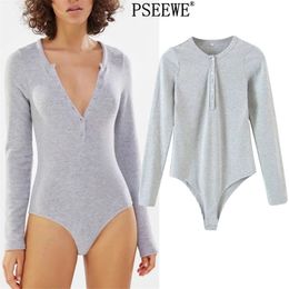 Sexy V Neck Knitted Bodysuit Women Grey Button Long Sleeve Female Jumpsuit Fashion Casual Rompers Overalls 210519