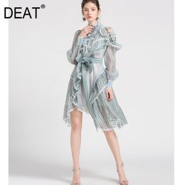 Women Asymmetrical Bow Organza Metal Button Runway Dress Stand Neck Long Puff Sleeve Fashion Spring Autumn 2F0289 210421