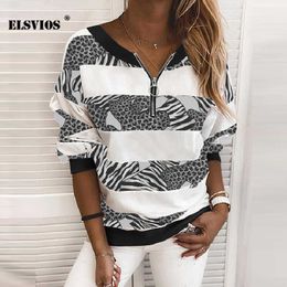 Loose Casual Women Fall Winter V Neck Zipper Leopard Print Sweatshirt Fashion Long Sleeves Stripe Gradient Tops Elegant Pullover X0721