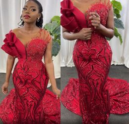 2022 Plus Size Arabic Aso Ebi Red Sparkly Mermaid Prom Dresses Beaded Sheer Neck Evening Formal Party Second Reception Birthday Engagement Gowns Dress ZJ330
