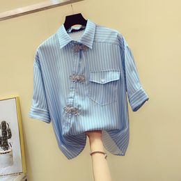 Chinese Retro Style Stripe Shirt Summer Women's Half Sleeves Pocket Blouse Shirts A2627 210428