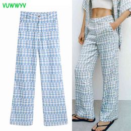 Summer Za Blue Geometric Print Baggy Pants Women High Waist Fashion Streetwear Wide Leg Woman Flowing Casual Trousers 210915