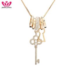 Pendant Necklaces Silvery Crystal Love Key Necklace Circle Round For Women Sweater Long Chains Girls Valentine's Day Gifts Drop