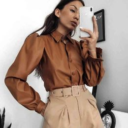 Brown Vintage Faux PU Leather Y2k Jacket Fashion Women Spring Harajuku Long Puff Sleeve Coat Turn-Down Collar Button Outwear 210415