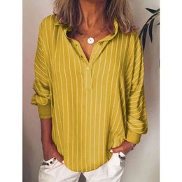Мода летняя женщина блузки полоса сыпучие повседневная полосатая кнопка отворота девушка с длинным рукавом рубашка верхняя блузка кнопка женская одежда 210518