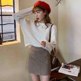 3 colors Korean style Basic short Knitted Sweater Women Autumn Winter soild Color roll up sweaters and pullovers womens (C9399) 210423