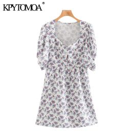 Women Chic Fashion Floral Print Buttons Mini Dress V Neck Short Sleeve Female Dresses Vestidos Mujer 210420