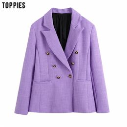 Женские фиолетовые Twill Tweed Куртка Blazer Дамы Формальная кнопка Винтаж тонкий слой одежда 210421