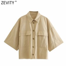 Women Safari Pockets Patch Solid Poplin Blouse Female Short Sleve Breasted Casual Shirt Roupas Chic Chemise Tops LS9087 210416