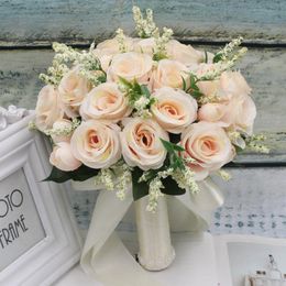 2022 букет натуральных цветов для новобрачных Букет свадебных цветов с шелковым атласным лентой розовый белый шампанский подружек невесты, свадебная вечеринка, холдинг цветущая натуральная роза