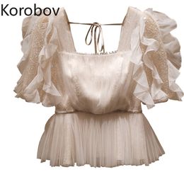 Korobov New Elegant Square Collar Puff Sleeve Women Blouses Korean Mesh Squined Patchwork Shirts Summer Sweet Blusas Mujer 210430