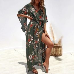 INSPIRED Women's V-Neck Wrap floral Split Belted dress flare Sleeve summer beach dress chiffon bohemian women dress 210412