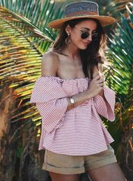 Women's Blouses & Shirts Off Shoulder Ruffle Stripe Blouse Shirt Casual Loose Pleated Short Sleeve Women Tops Summer Beach Pink Blue Bluasa