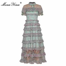 Fashion Designer dress Summer Women Dress Short sleeve Cascading Ruffle Floral Print Party Mesh Dresses 210524