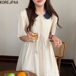 Korejpaa Women Dress Summer Korean Chic French Niche Doll Contrast Colour Stitching Lace-Up Waist Short-Sleeved Vestidos 210526