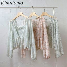 Kimutomo Casual Sweet Floral Suit Women Korean Fashion Long Sleeve Lace Up Slim Tops and Short Elastic Sling Elegant 2 Piece Set 210521