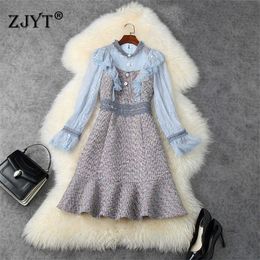 Runway Designer Autumn Winter Fashion Long Sleeve Lace Patchwork Beading Vintage Tweed Woollen Dress Sexy Women Clothes 210601